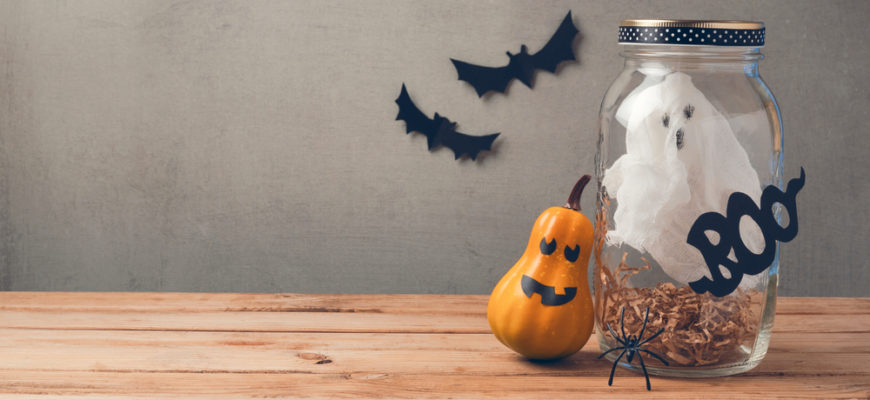 Halloween,Holiday,Decoration,With,Ghost,In,Jar,And,Pumpkin,With